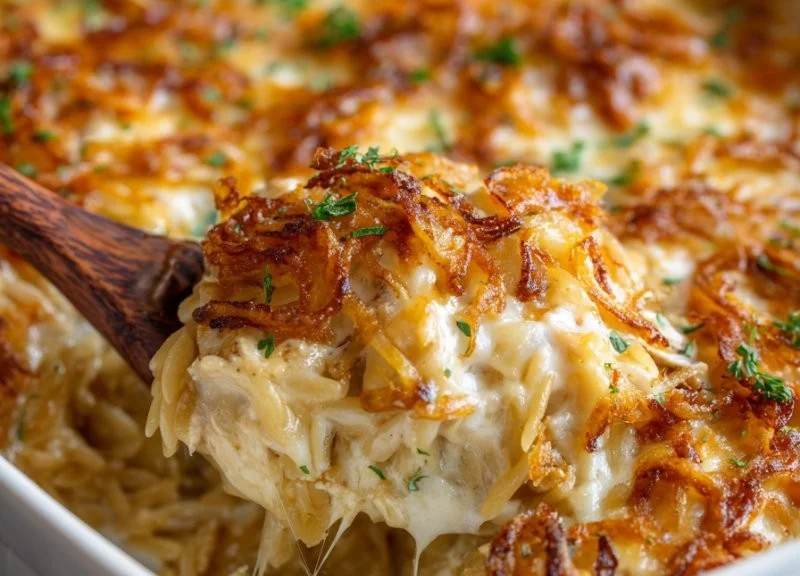 Delicious French onion chicken orzo casserole topped with melted cheese and herbs.