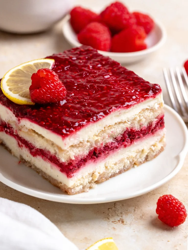 Fresh Raspberry Tiramisu dessert with layers of mascarpone and raspberries