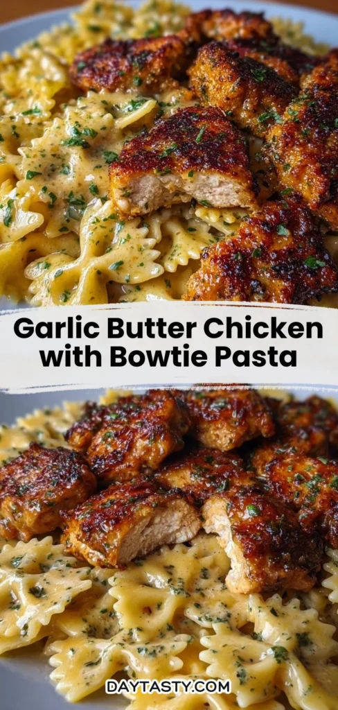 Garlic butter chicken bowtie pasta served in a bowl with fresh parsley.