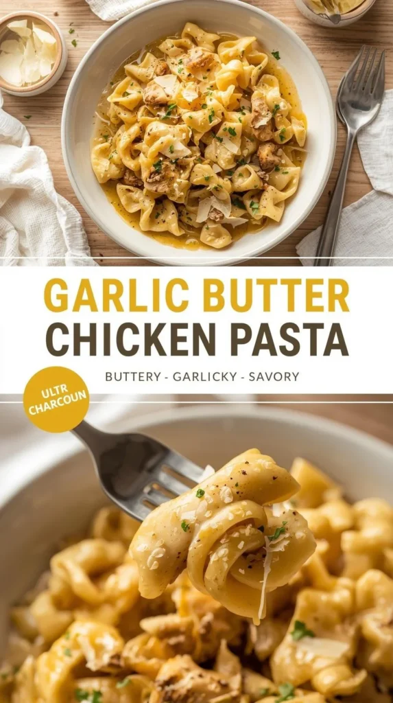 Delicious Garlic Butter Chicken Bowtie Pasta served in a bowl with garnish.