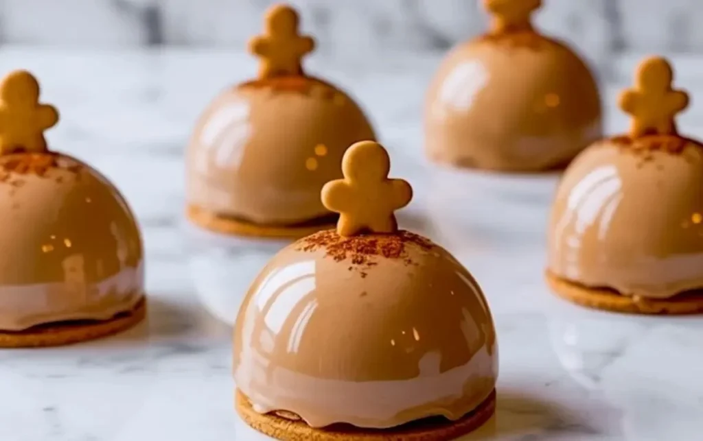 Gingerbread Latte mousse domes topped with festive decorations