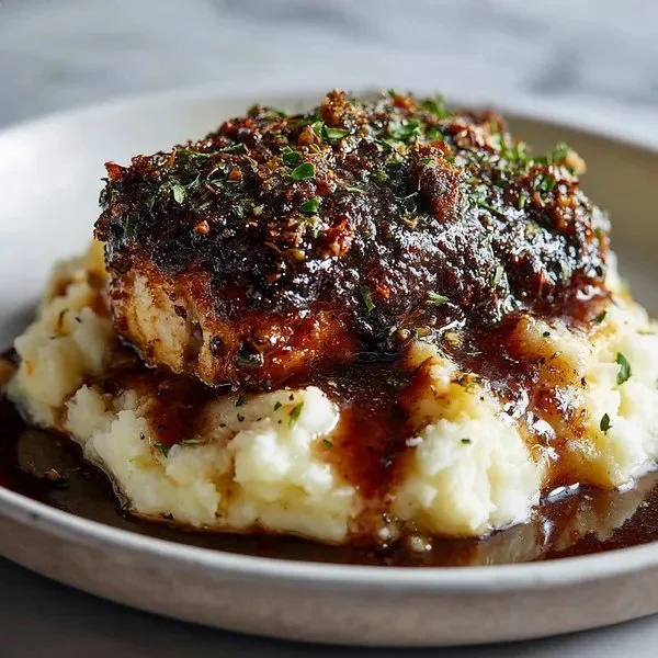 Glazed garlic herb chicken breast served on creamy mashed potatoes