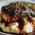 Glazed garlic herb chicken breast with creamy mashed potatoes and pan sauce