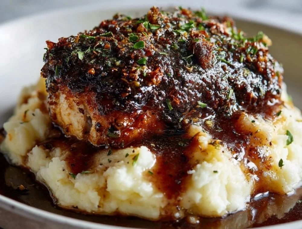 Glazed garlic herb chicken breast with creamy mashed potatoes and pan sauce