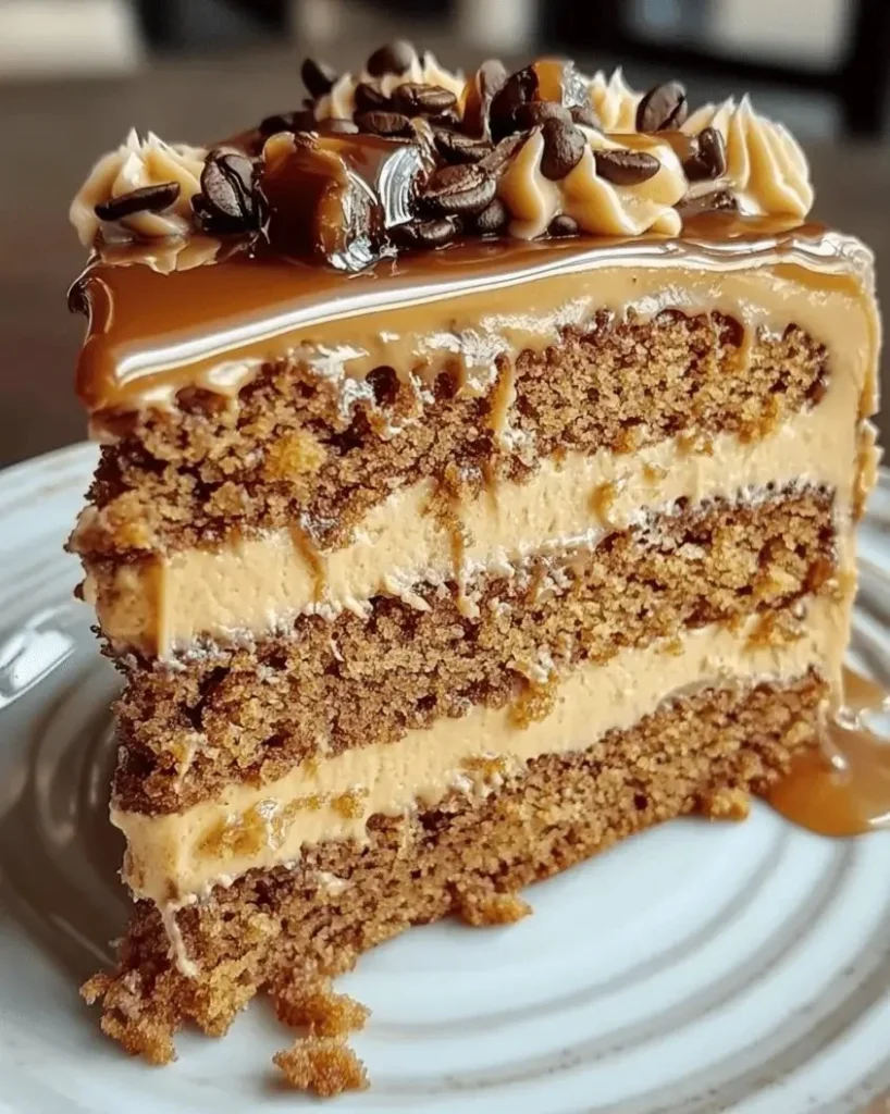 Gooey coffee caramel cake topped with rich caramel drizzle and coffee flavor