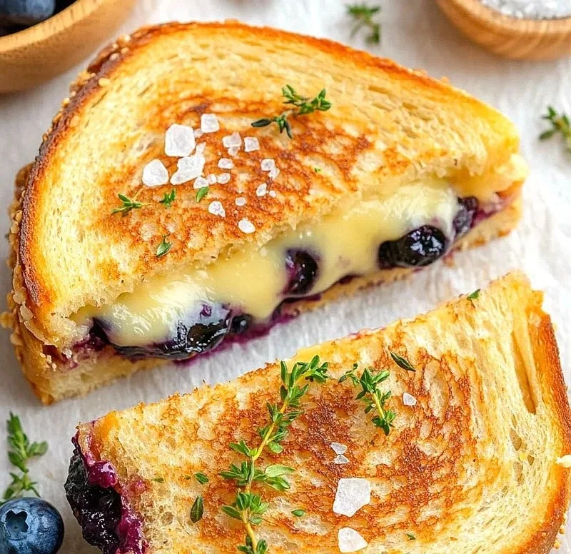 Gourmet blueberry grilled cheese sandwich with melted cheese and fresh blueberries.
