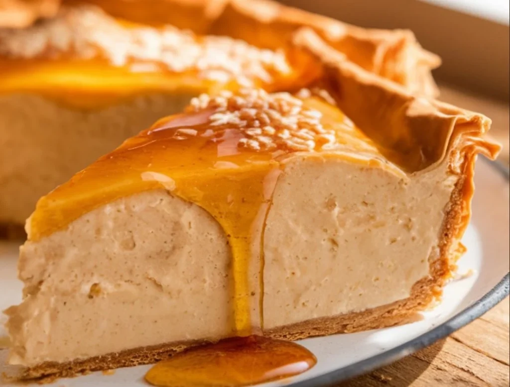 Delicious Greek Honey Pie topped with nuts and drizzled with honey