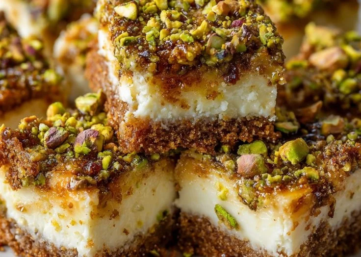 Delicious Greek Honey Pistachio Cheesecake Bars with a creamy texture and nutty topping