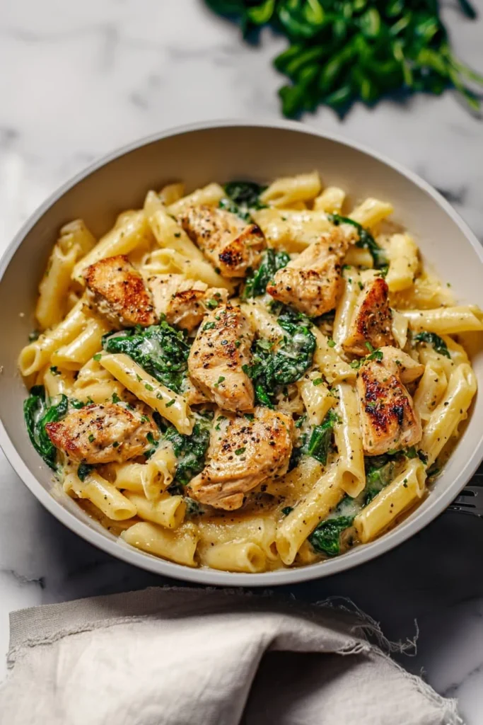 Healthy garlic parmesan chicken pasta dish garnished with parsley.
