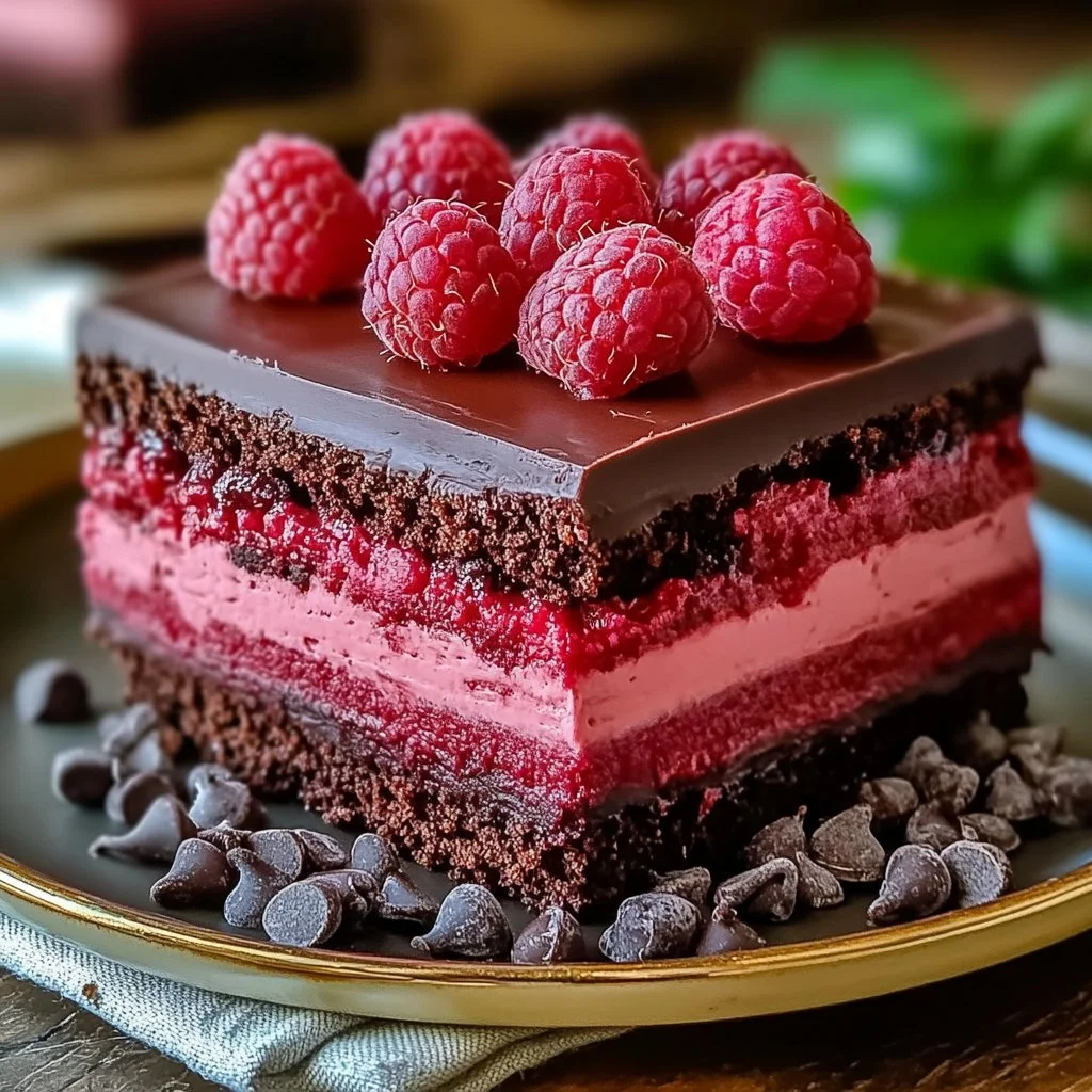 Heavenly Raspberry Chocolate Mousse Cake with rich chocolate and raspberries