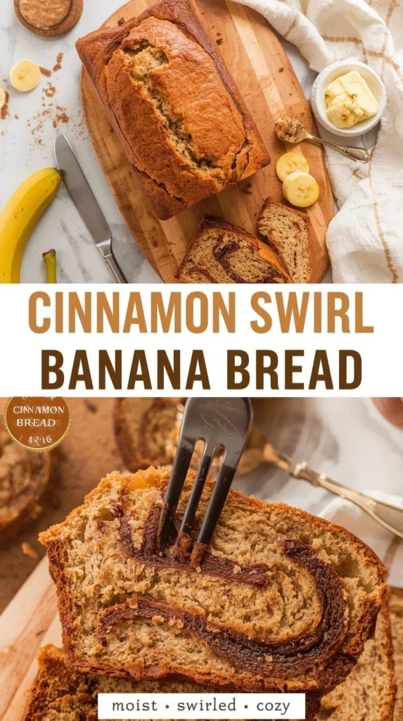 Homemade cinnamon swirl banana bread cooling on a wire rack