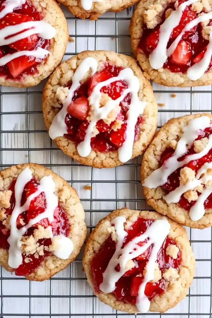 Homemade strawberry shortcake butter cookies decorated with fresh strawberries.