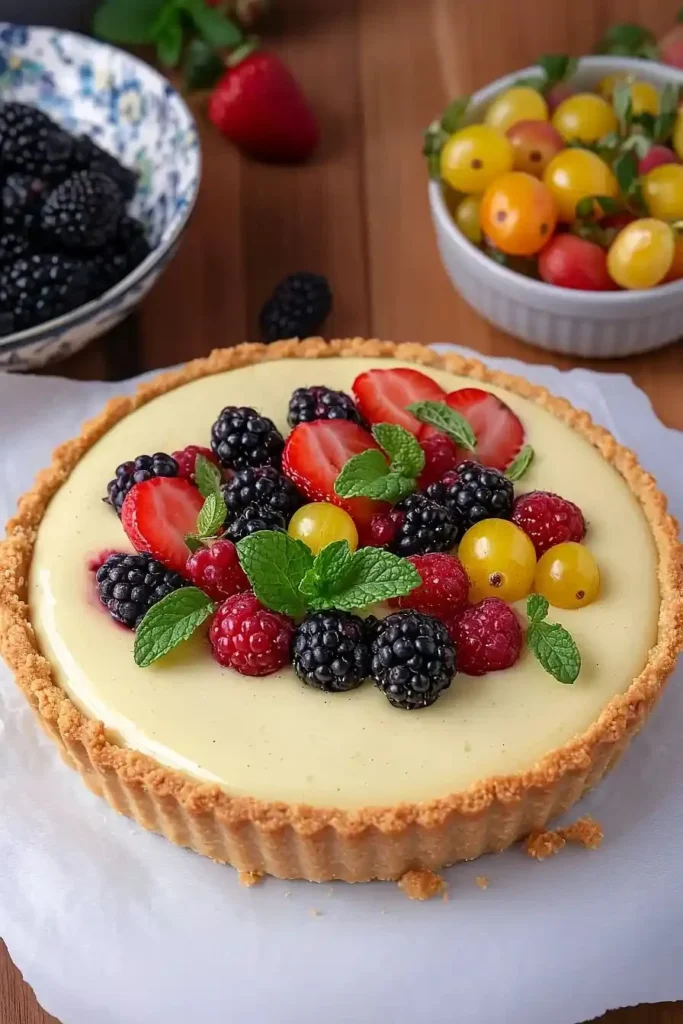 Delicious homemade vanilla custard tart with fresh fruit topping
