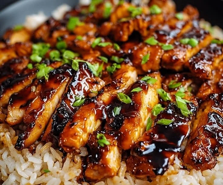 Plate of Honey BBQ Chicken Rice with colorful vegetables