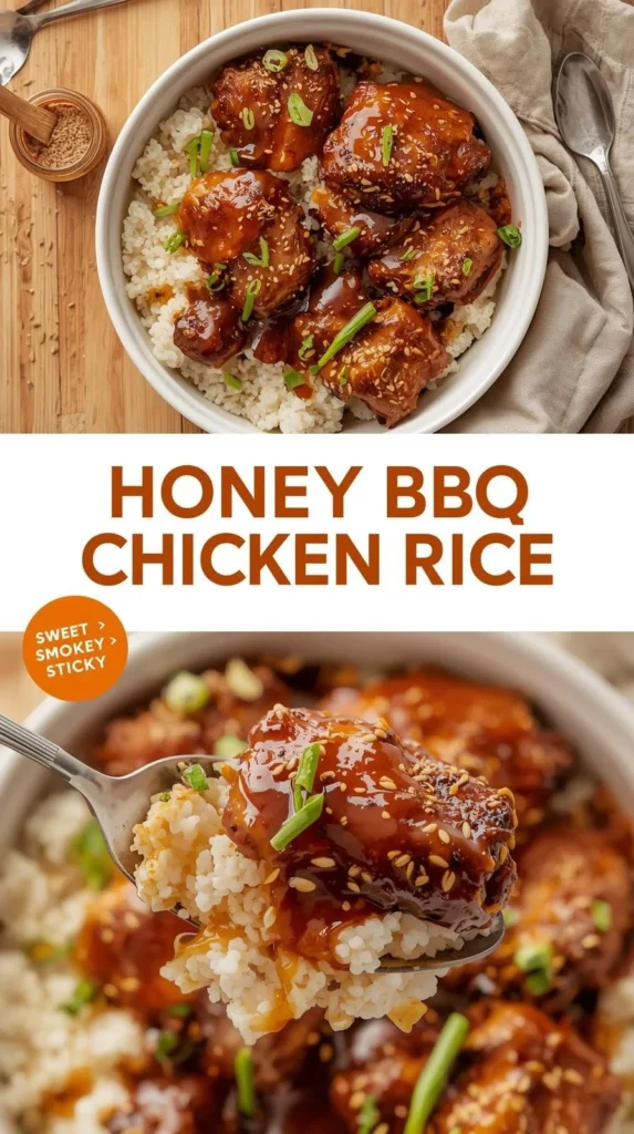 Delicious Honey BBQ Chicken served over rice with vibrant vegetables.