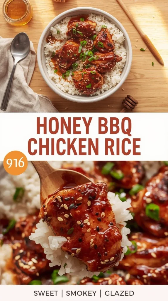 Plate of Honey BBQ Chicken Rice garnished with green onions