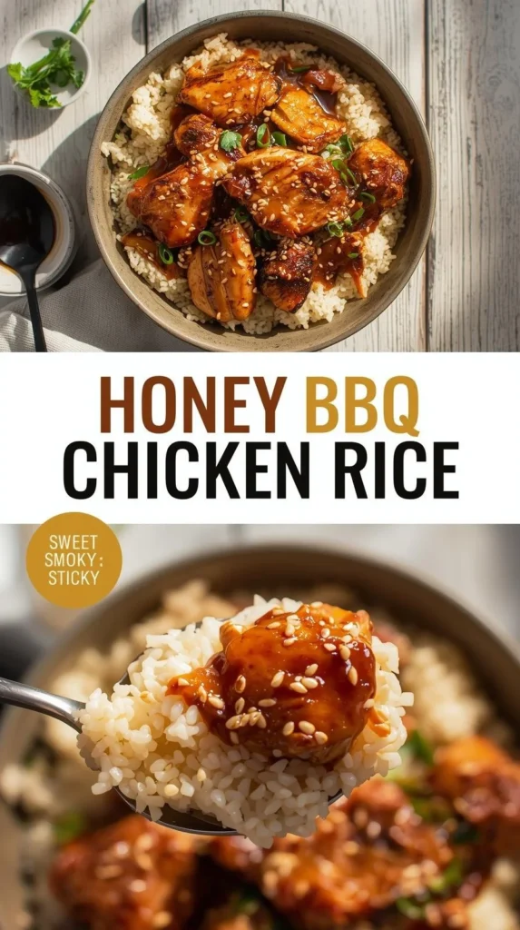 Honey BBQ Chicken served over fluffy rice, garnished with green onions.