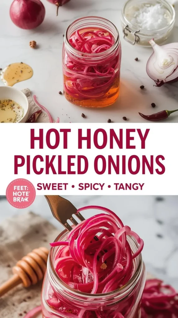 Jar of hot honey pickled red onions garnished with herbs