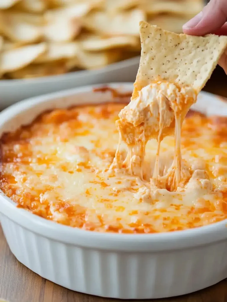 Delicious Buffalo Chicken Dip served with tortilla chips