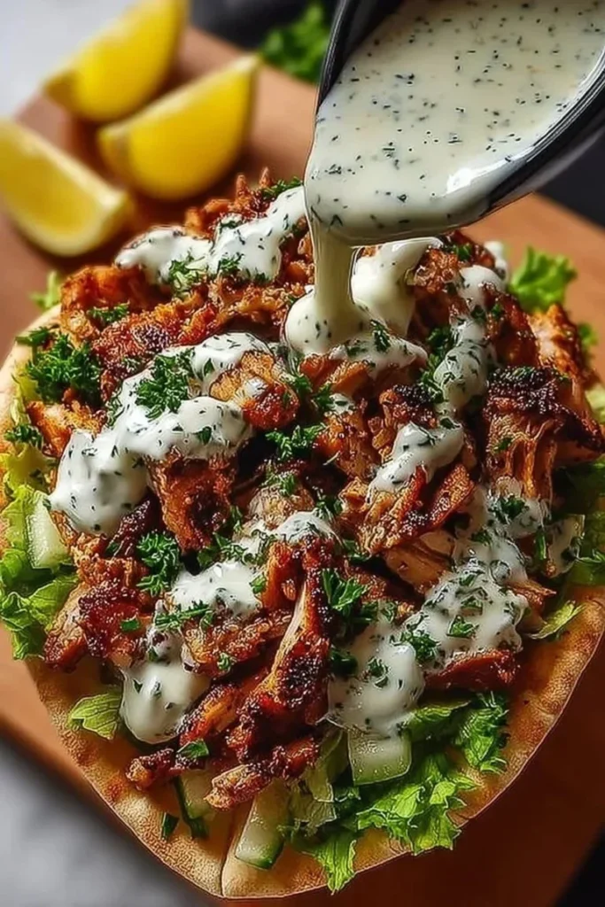 Irresistible Chicken Shawarma served with creamy garlic sauce on a plate