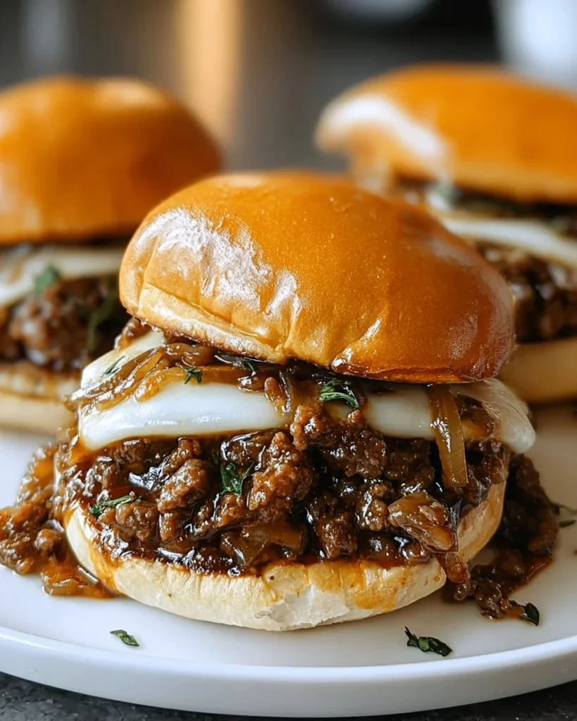 Delicious French Onion Beef Sloppy Joes served on a plate with toppings