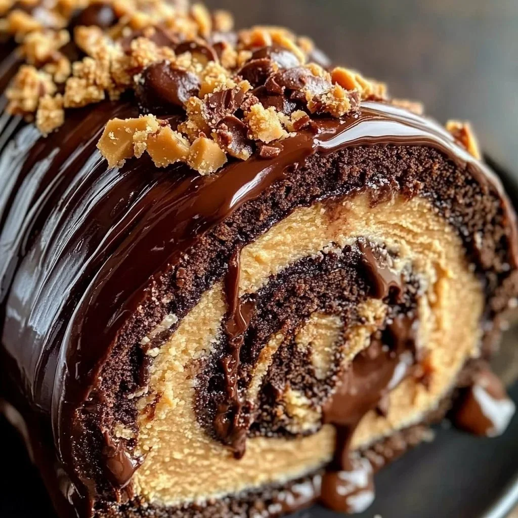 Decadent peanut butter cup chocolate roll ready to be served
