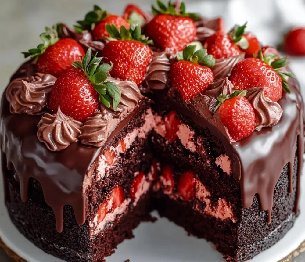 Irresistible strawberry chocolate shell cake with fresh strawberries and rich chocolate