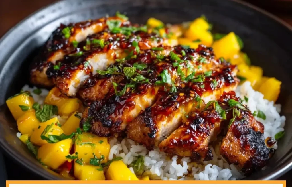 Mango glazed chicken twists drizzled with sweet glaze on a white plate.