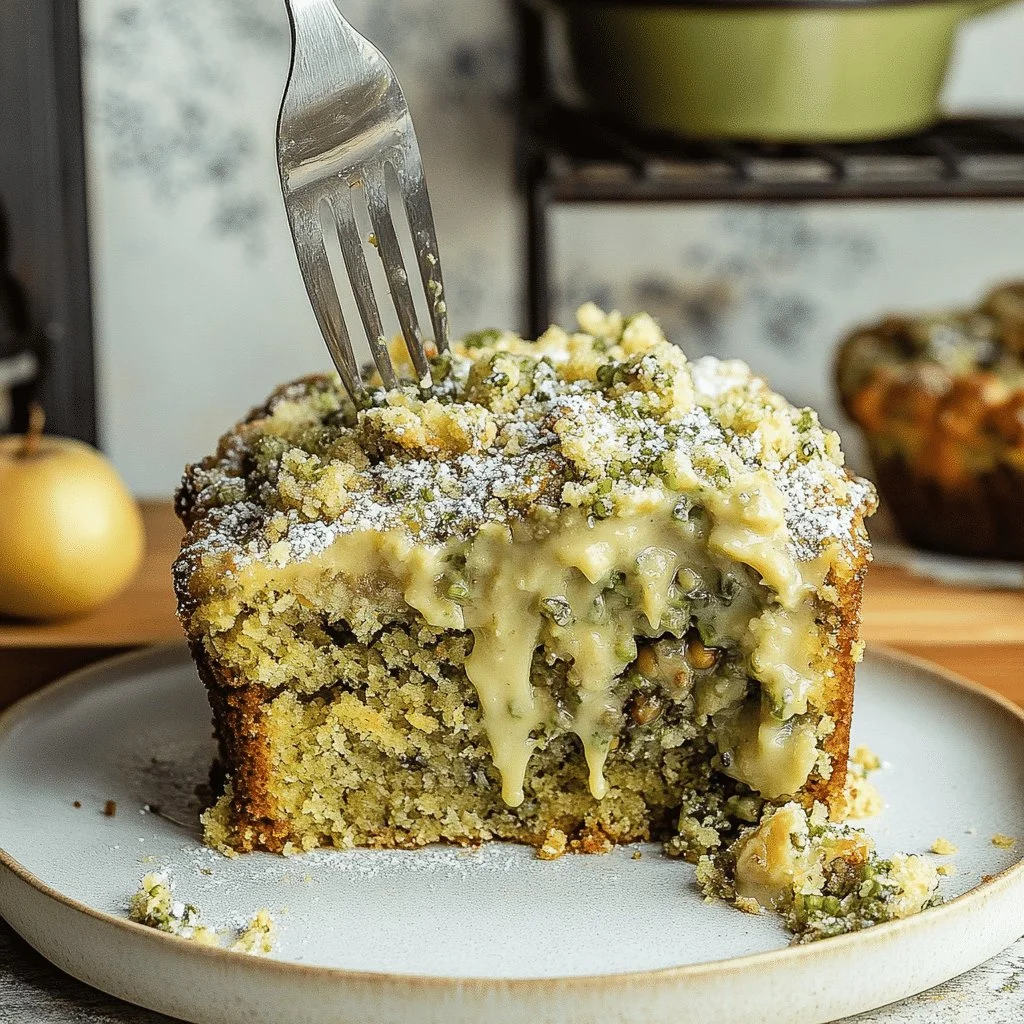 Irresistible vegan pistachio coffee cake topped with nuts and coffee flavor