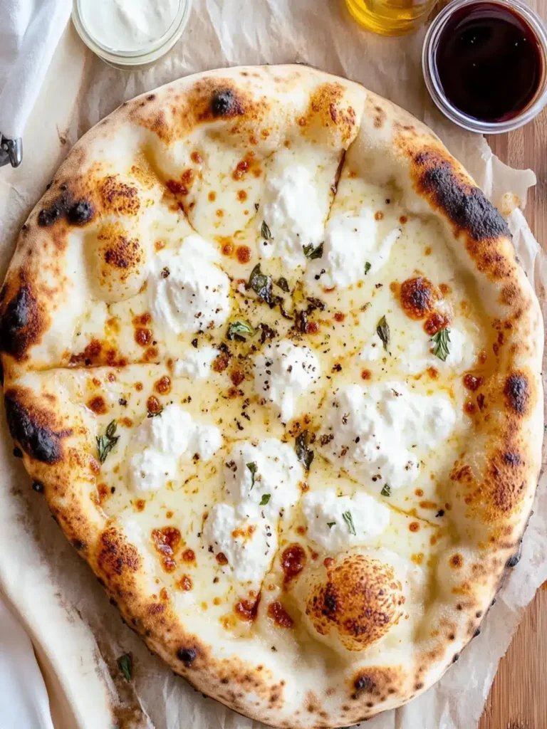 Delicious white sauce pizza topped with creamy garlic and fresh ingredients.