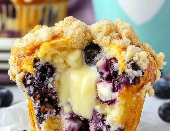 Juicy blueberry cream cheese muffins fresh out of the oven