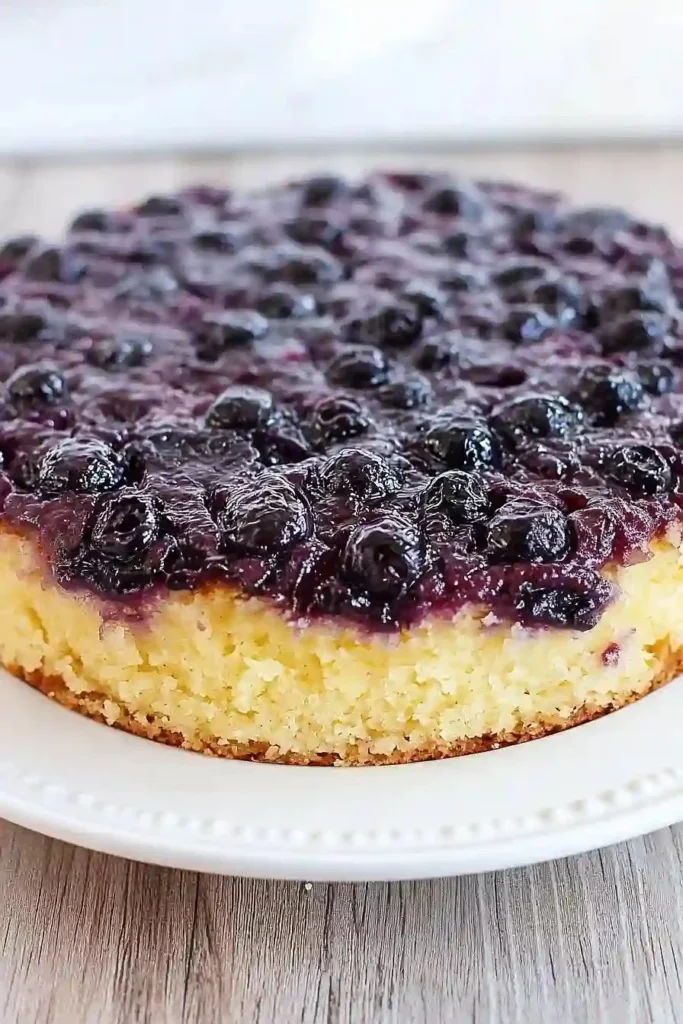 Juicy blueberry upside down cake topped with fresh blueberries and caramel glaze