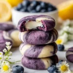Lemon Blueberry Cheesecake Cookies on a plate with fresh blueberries