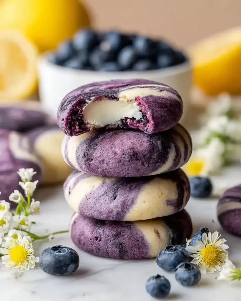 Lemon Blueberry Cheesecake Cookies on a plate with fresh blueberries