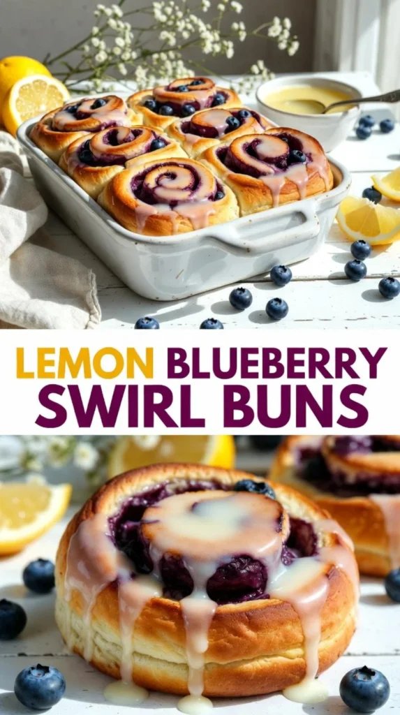 Freshly baked lemon blueberry swirl buns with a delicious glaze.