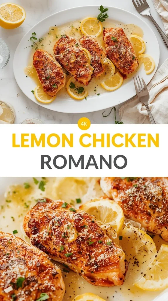 Lemon Chicken Romano dish garnished with fresh herbs and lemon slices