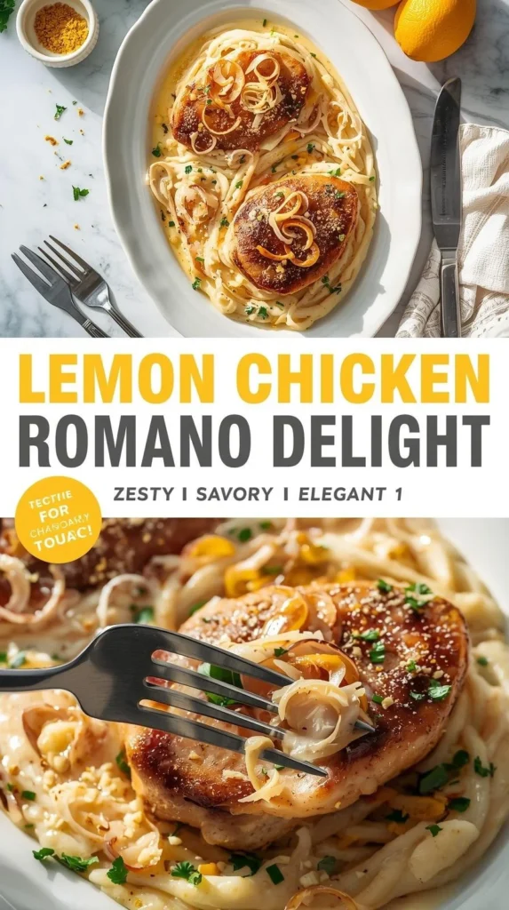 Lemon Chicken Romano dish served with fresh garnish and lemon slices.