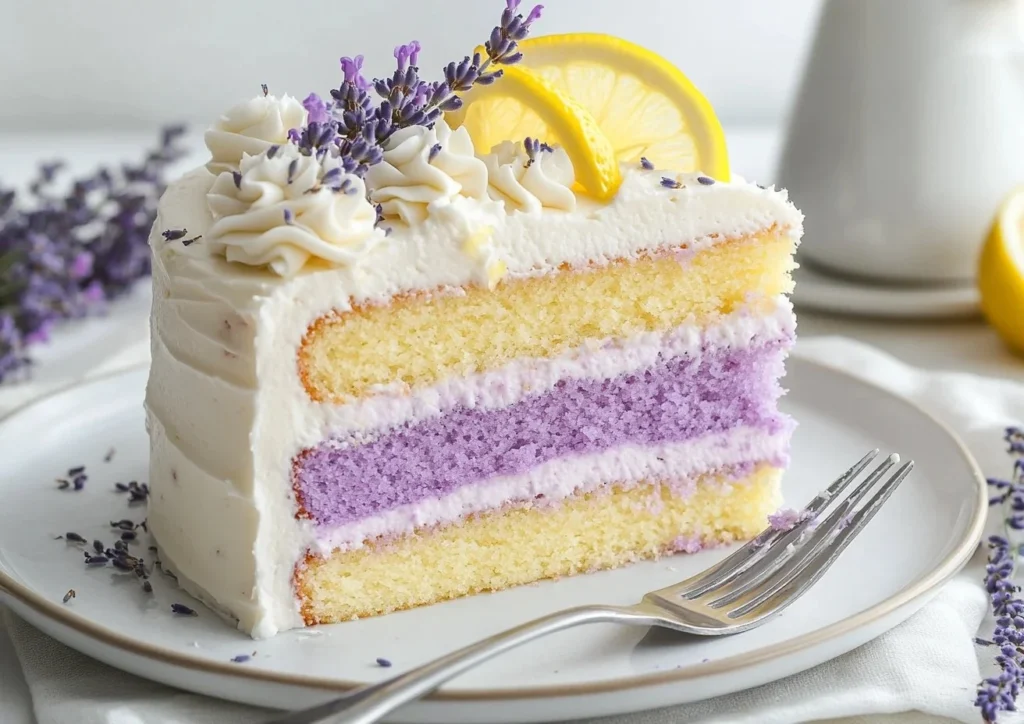 Slice of Lemon Lavender Cake with lemon slices and lavender flowers on top