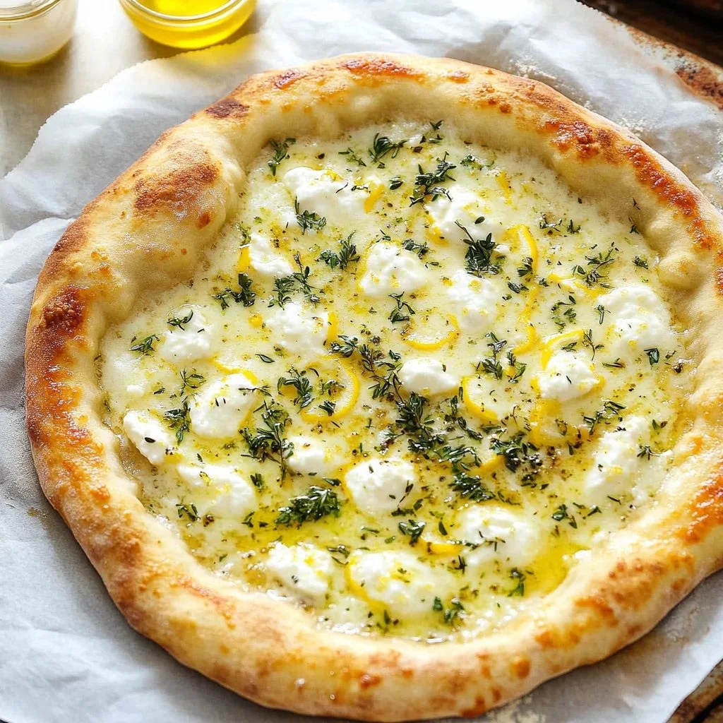 Delicious Lemon Pizza garnished with fresh herbs and lemon slices