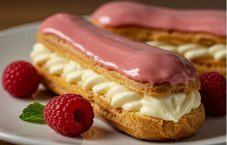 Lemon raspberry eclairs topped with glaze and fresh raspberries