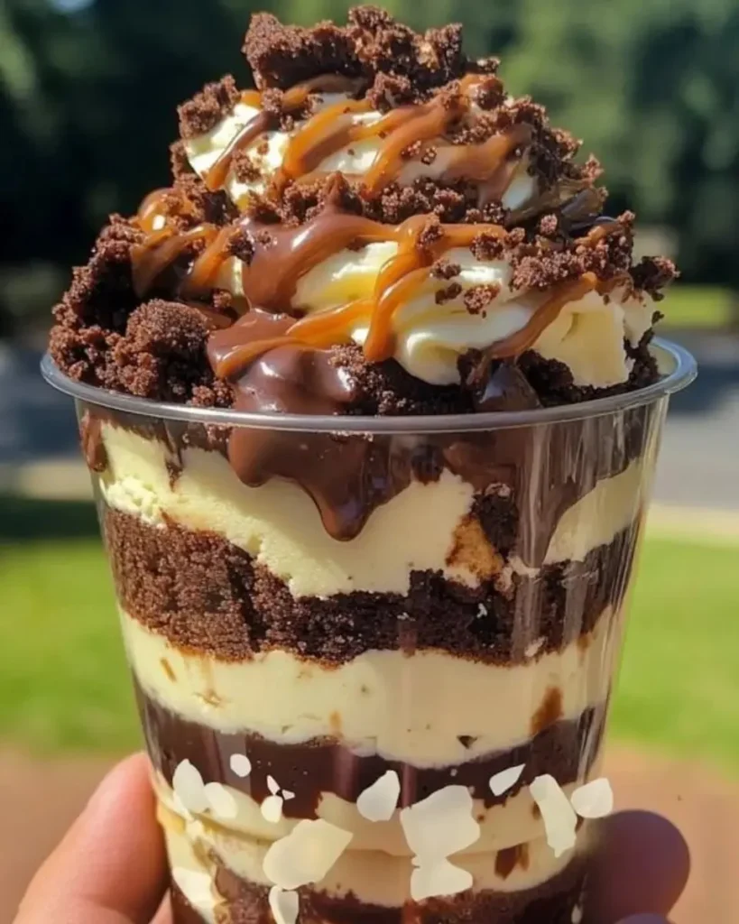 Loaded brownie cheesecake cups topped with chocolate and whipped cream