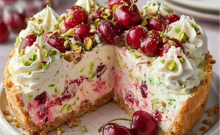 Slice of Luscious Lemon-Lime Cherry Pistachio Cheesecake with vibrant toppings
