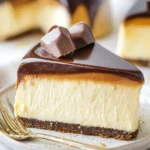 A slice of luxurious millionaire cheesecake topped with chocolate and caramel