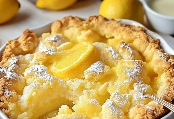 Deliciously baked Magic Lemon Cobbler dessert served in a dish.