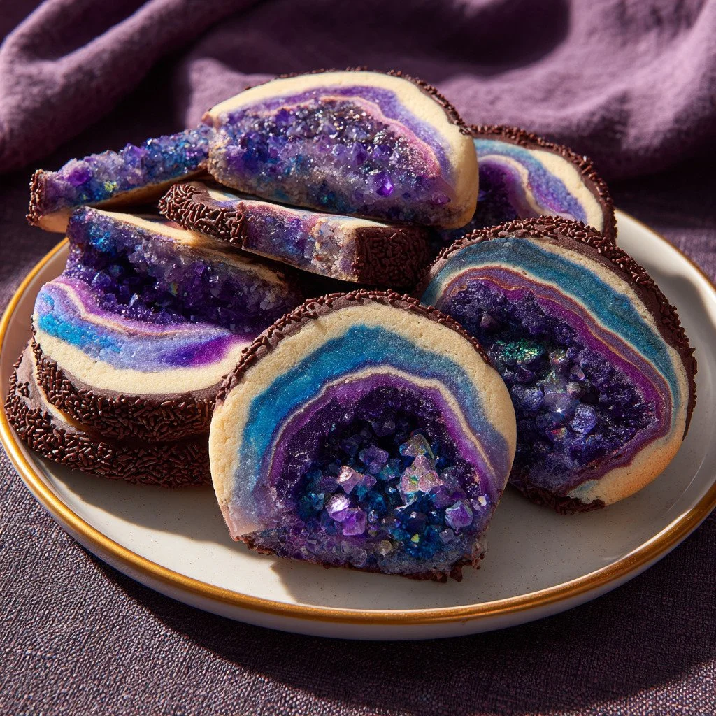 Delicious magical spiral cookies with colorful swirls on a plate