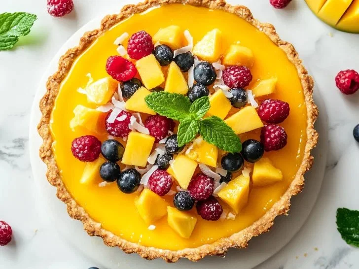 Delicious mango curd tart topped with fresh mango slices and cream