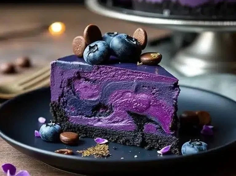 Midnight Cheesecake topped with Blueberry Lavender Swirl