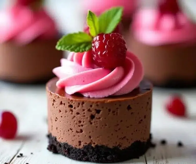 Mini dark chocolate raspberry cheesecakes topped with fresh raspberries.