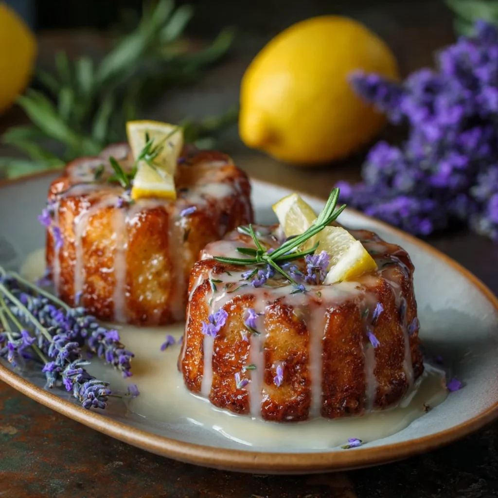 Mini lemon cakes topped with lavender glaze on a white plate.