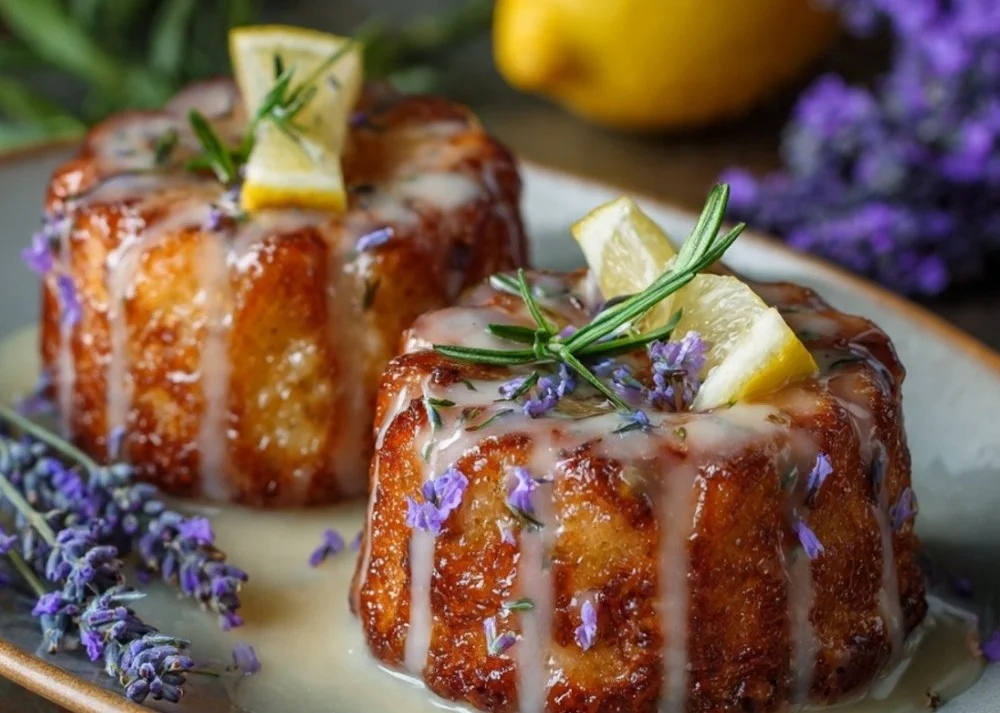 Mini lemon cakes drizzled with lavender glaze on a decorative plate.